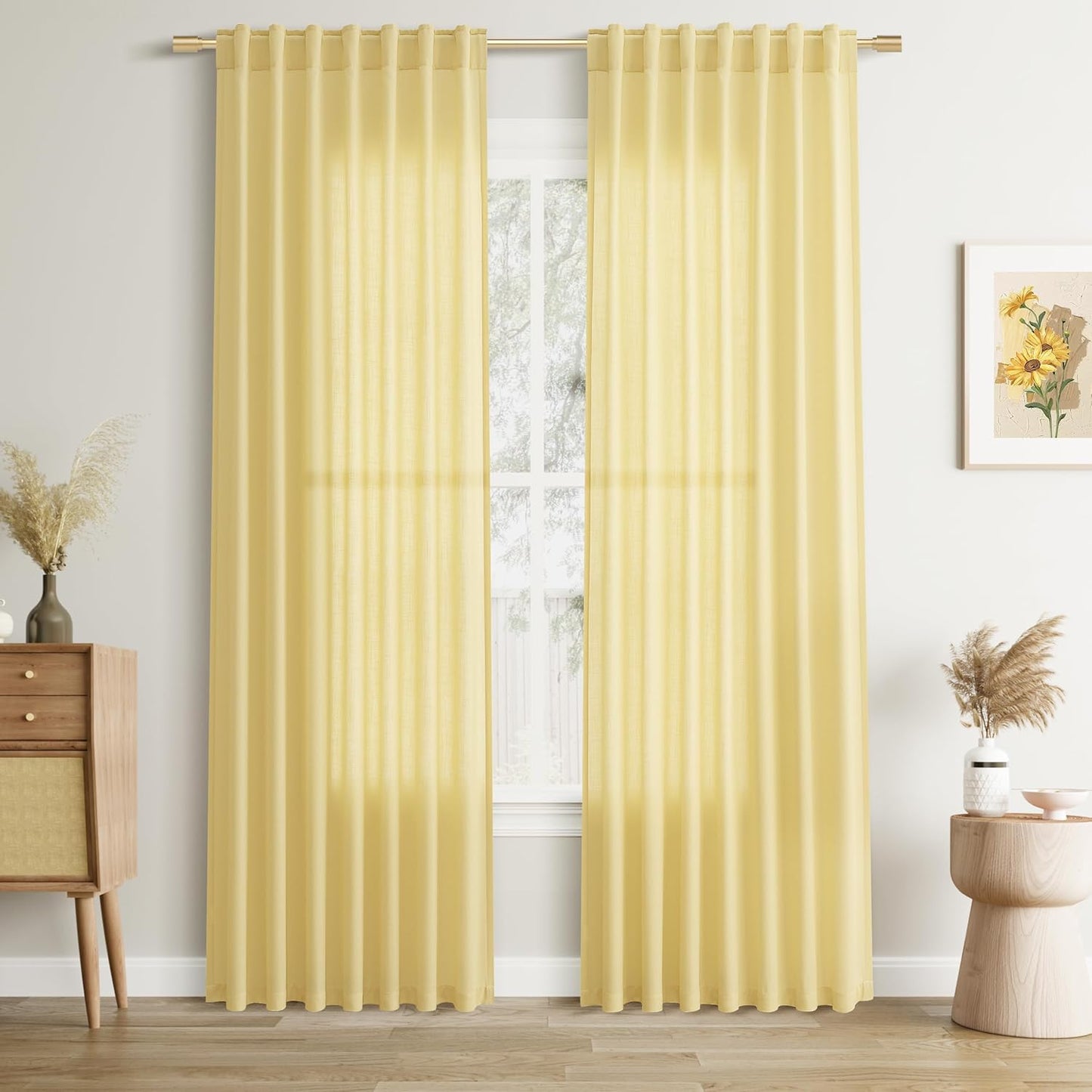 Joywell Yellow Back Tab Rod Pocket Linen Curtains for Home