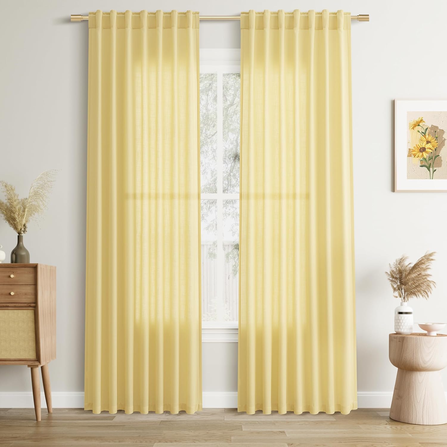 Joywell Yellow Back Tab Rod Pocket Linen Curtains for Home