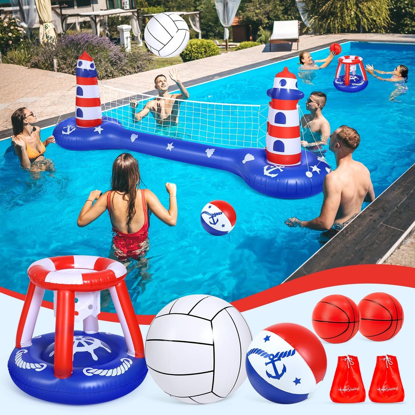 EagleStone Inflatable Pool Volleyball Net & Basketball Hoop Set