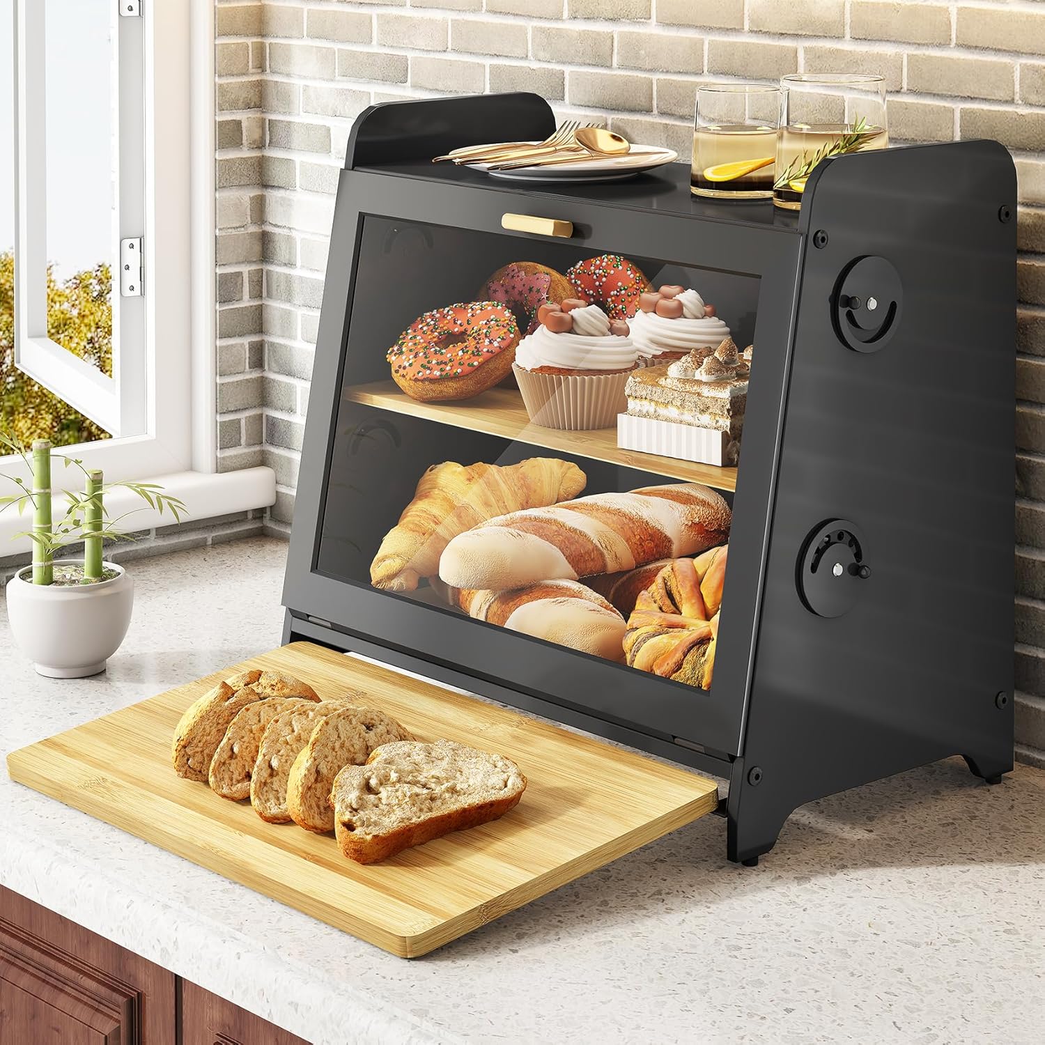 SNTD Wooden Bread Box with Bamboo Cutting Board for Kitchen