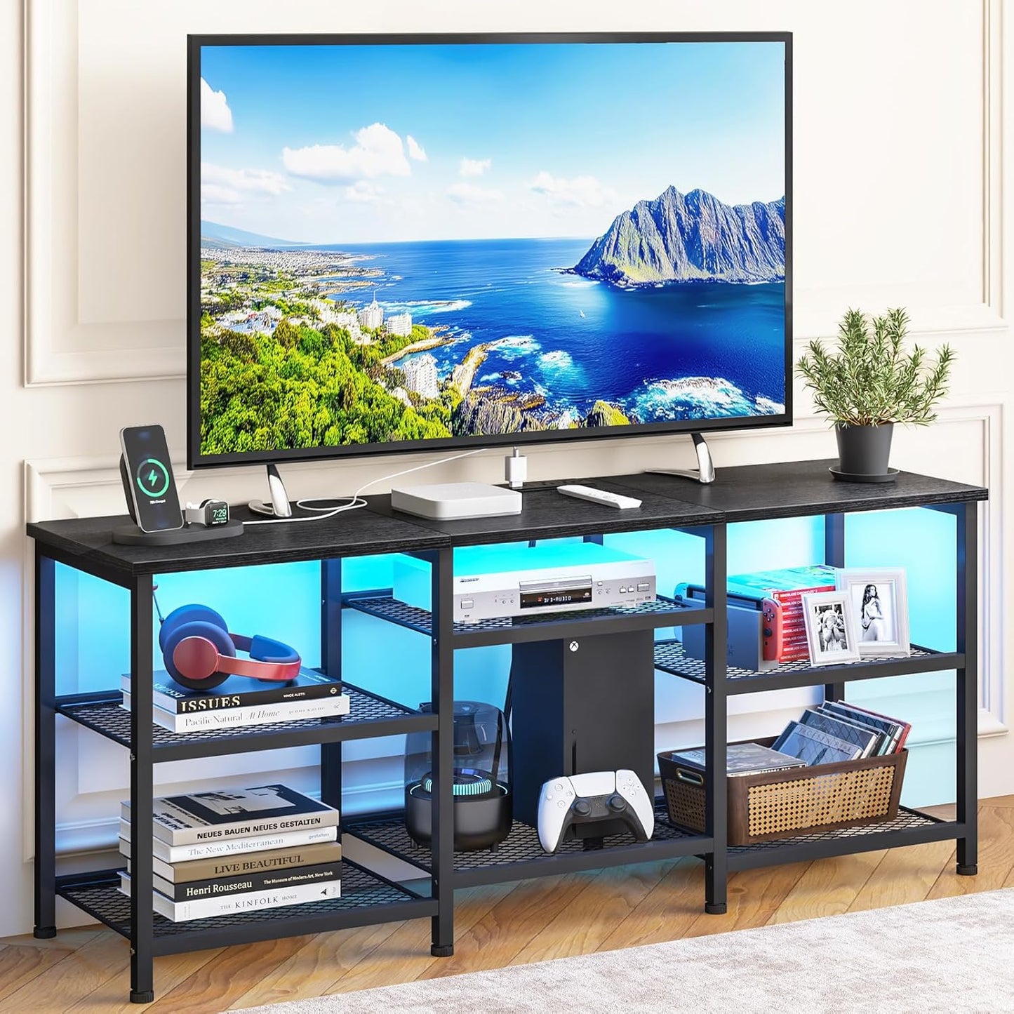YGEOMER TV Stand for 55 inch TVs with LED Lights and Storage