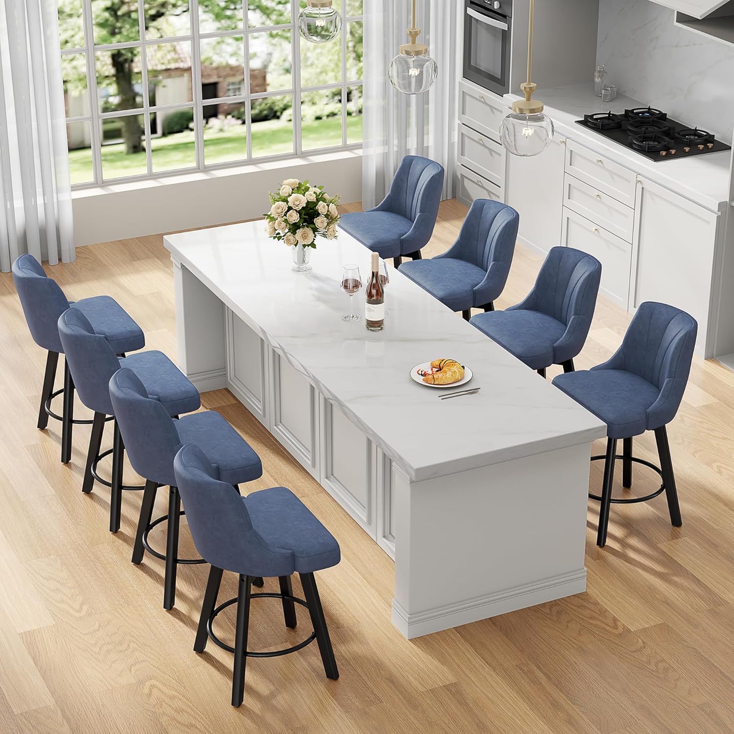 Counter Height Swivel Bar Stool Set of 8 with PU Leather Upholstery