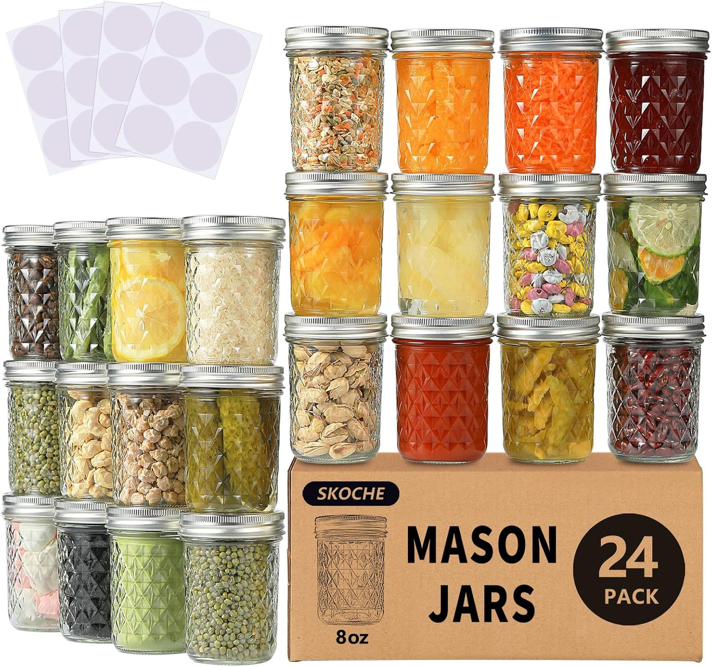 8 oz Mason Jars Set - 24 Pack for Canning and Preserving