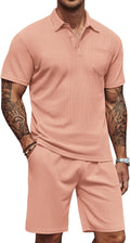 Men's Waffle Knit Polo Shirt and Shorts Set 2-Piece Summer Outfit
