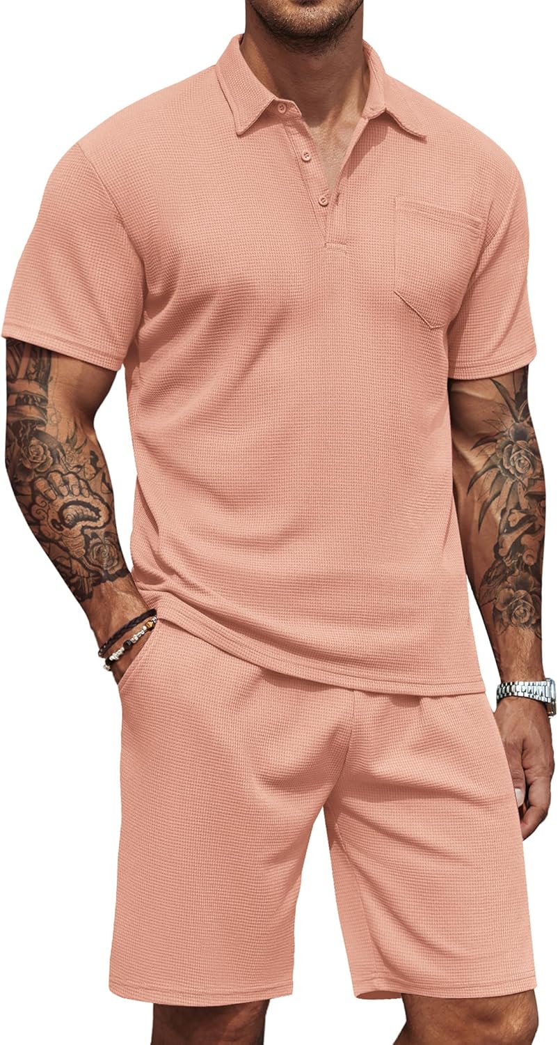 COOFANDY Men's Waffle Knit Polo Shirt and Shorts Set for Summer
