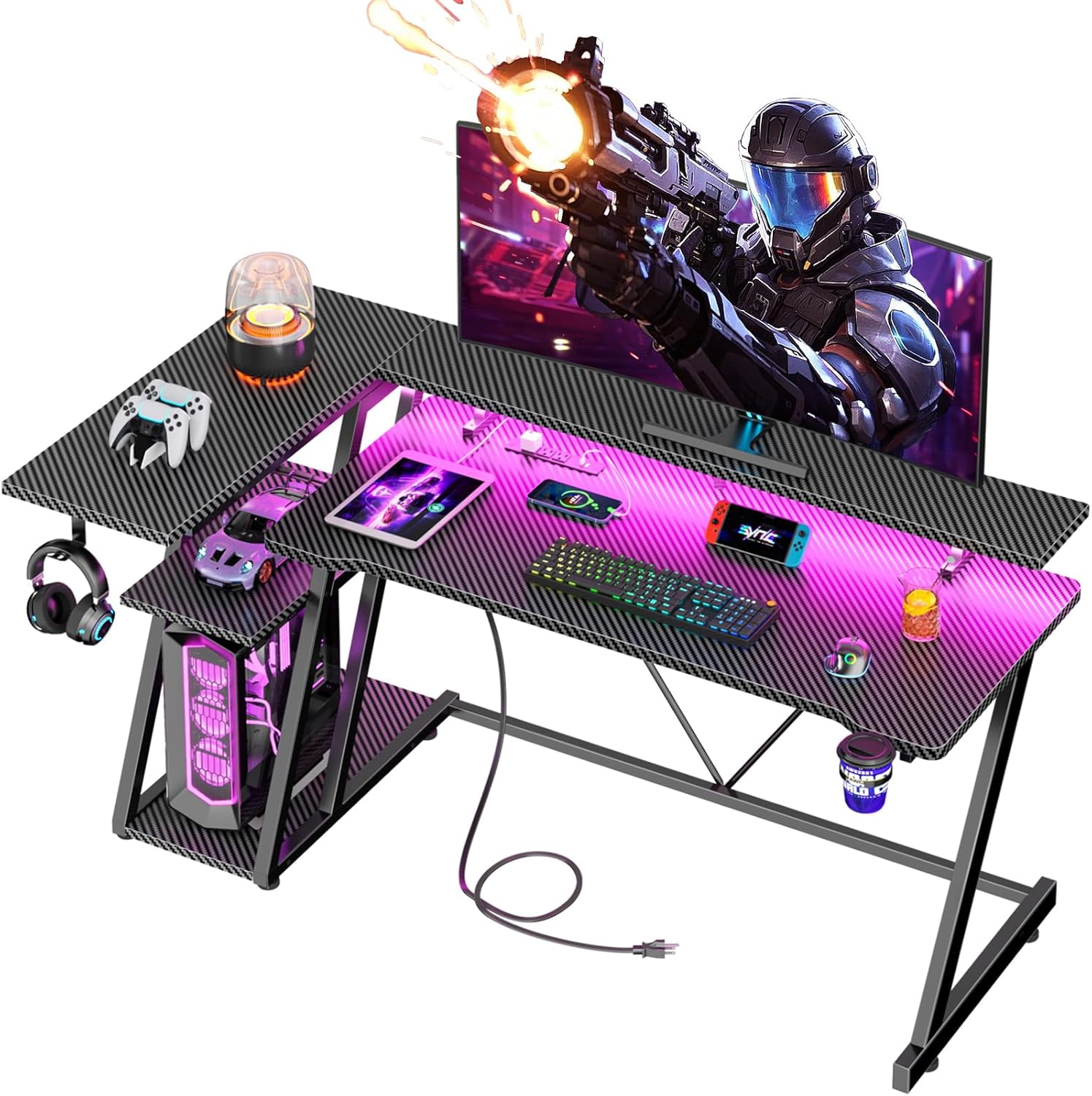 55 Inch Gaming Desk with Power Outlet & LED Lights for Gamers