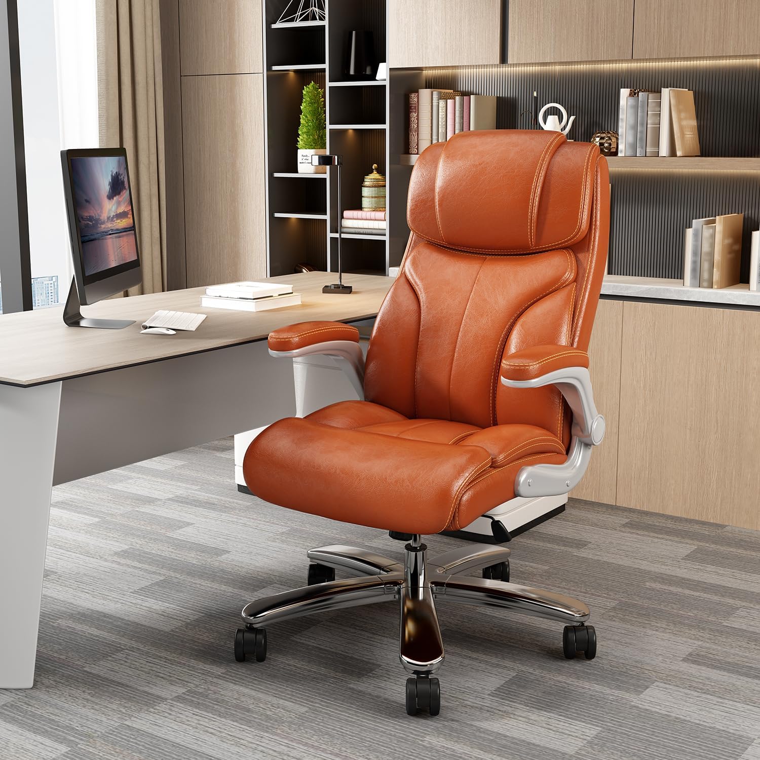 Orange Leather Executive Chair: High Back, Lumbar Support