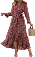 V Neck Floral High Waist Ruffle Maxi Dress - Flattering Boho Fit