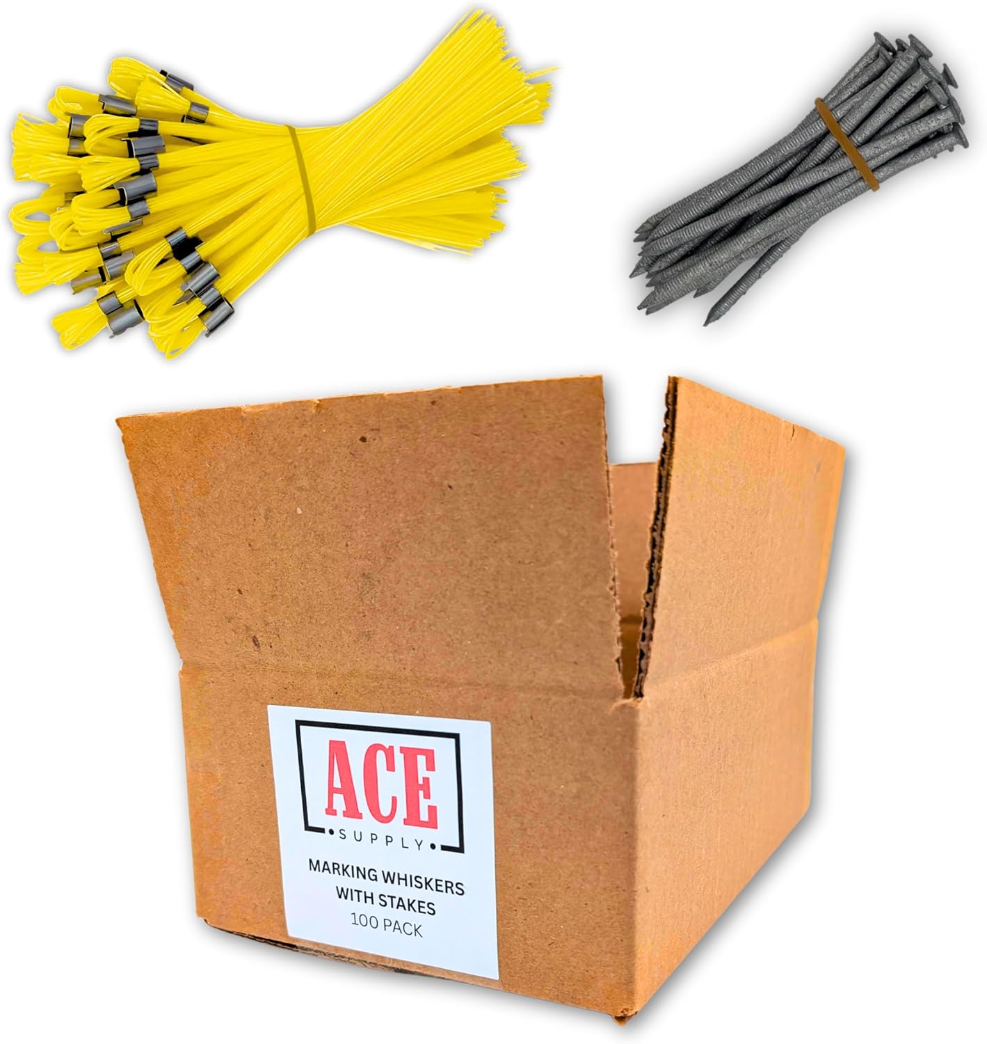Durable Yellow Marking Whiskers With Stakes - 100 Pack Set