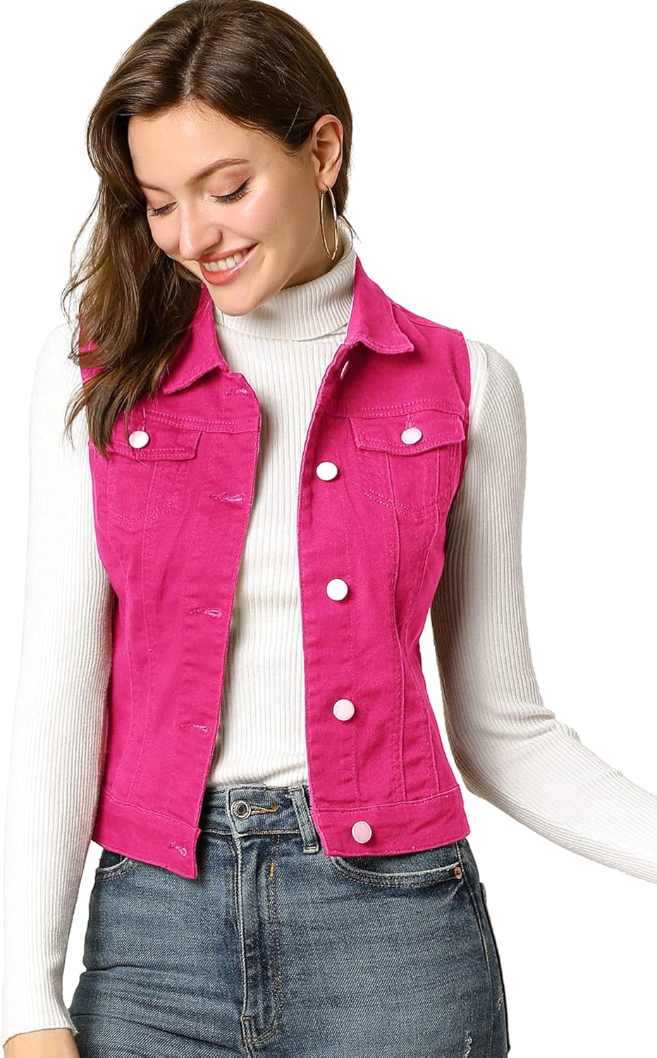 Allegra K Women's Buttoned Washed Denim Vest Jacket for Style