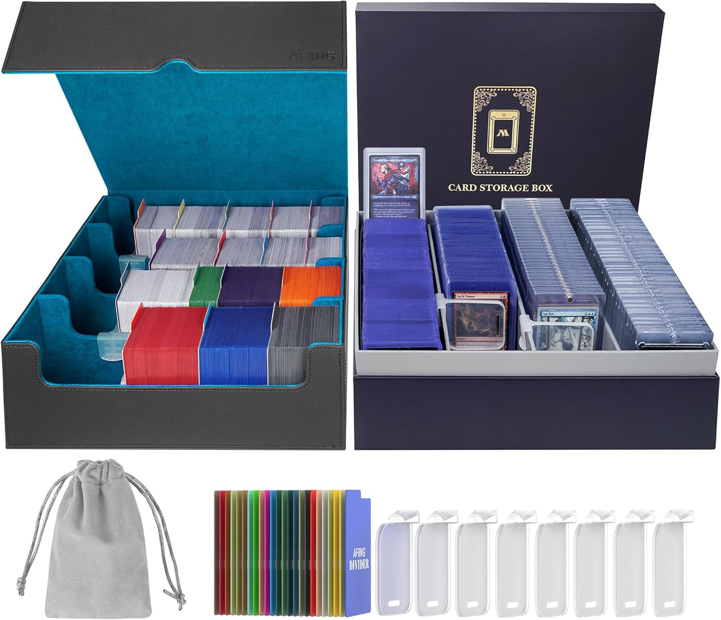 AFIING Trading Card Storage Box for 6000+ Cards - Black & Cyan