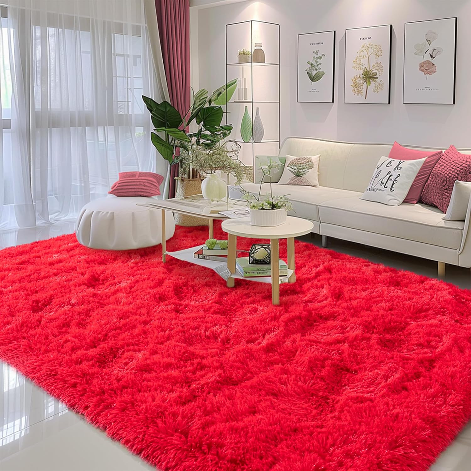 Fluffy Area Rug 6x9 for Living Room - Non-Slip Red Carpet