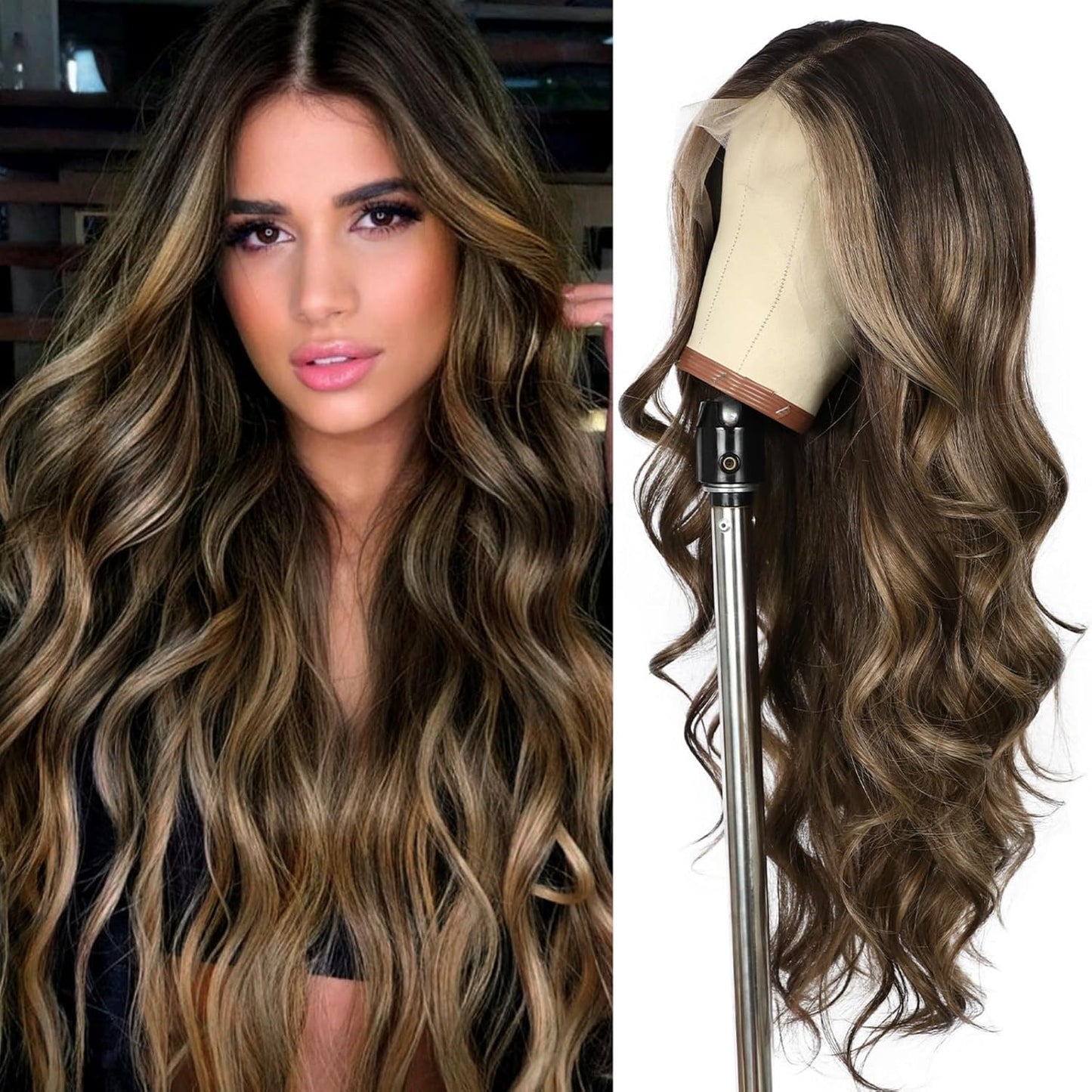 Long Body Wave Highlight Brown Lace Front Wig for Women 26in