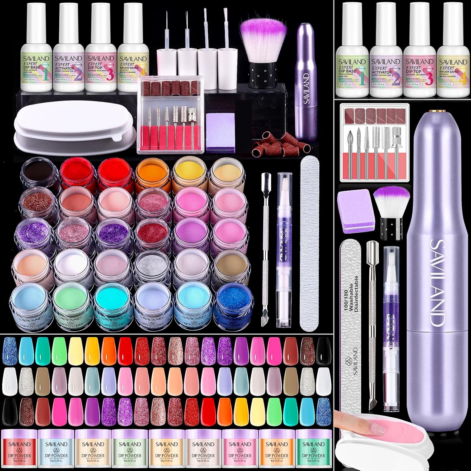 SAVILAND Dip Powder Nail Kit with Drill: 30 Colors for DIY Art