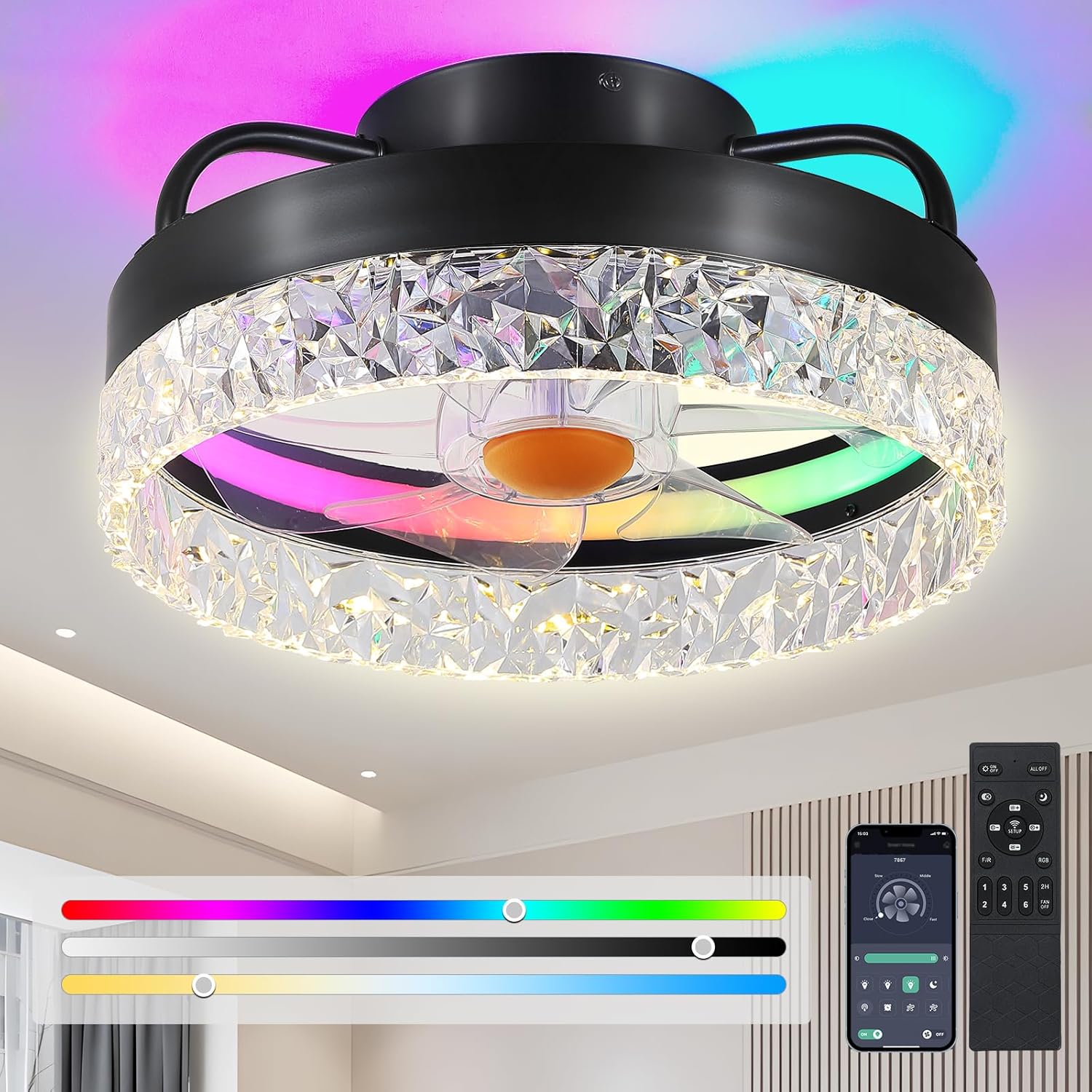 13in Flush Mount Ceiling Fan with RGB Light for Modern Spaces