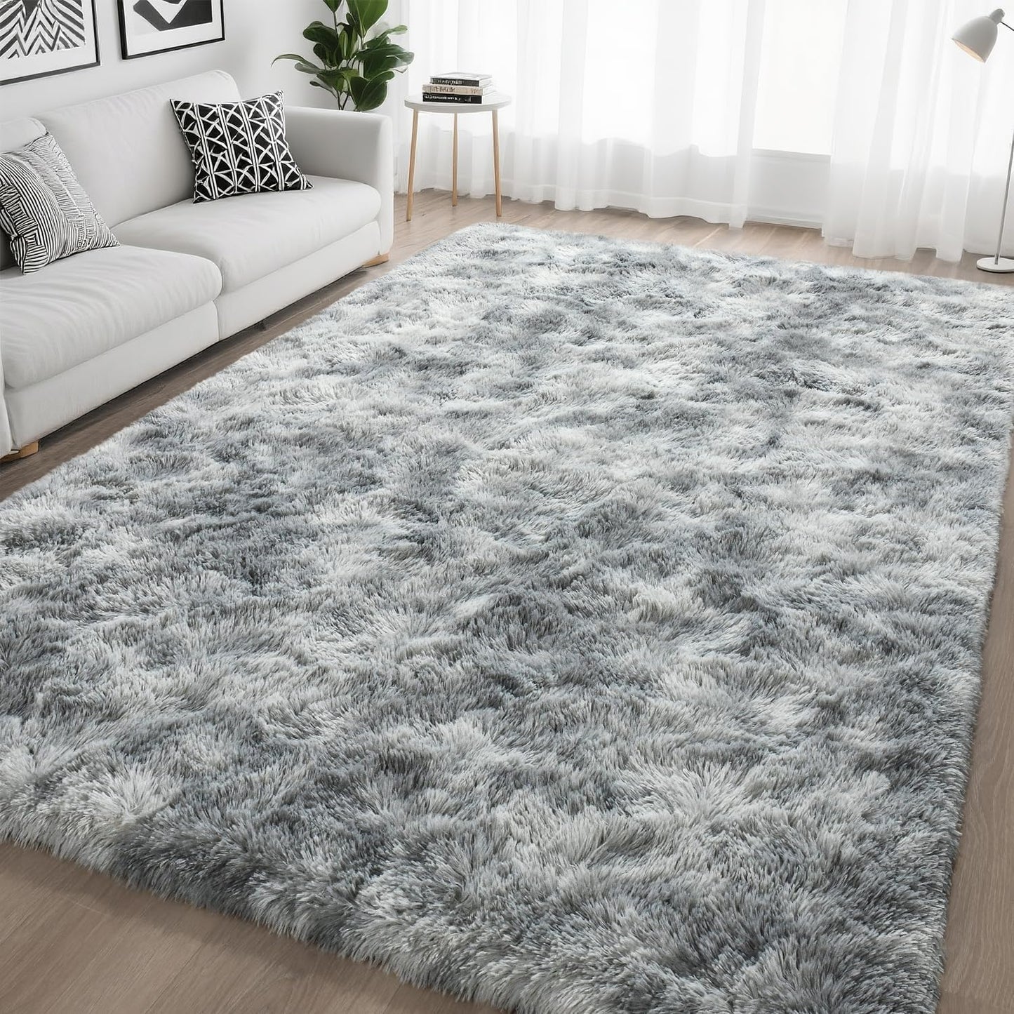 Ultra Soft Fluffy Tie-Dyed Light Grey Area Rug for Home Decor