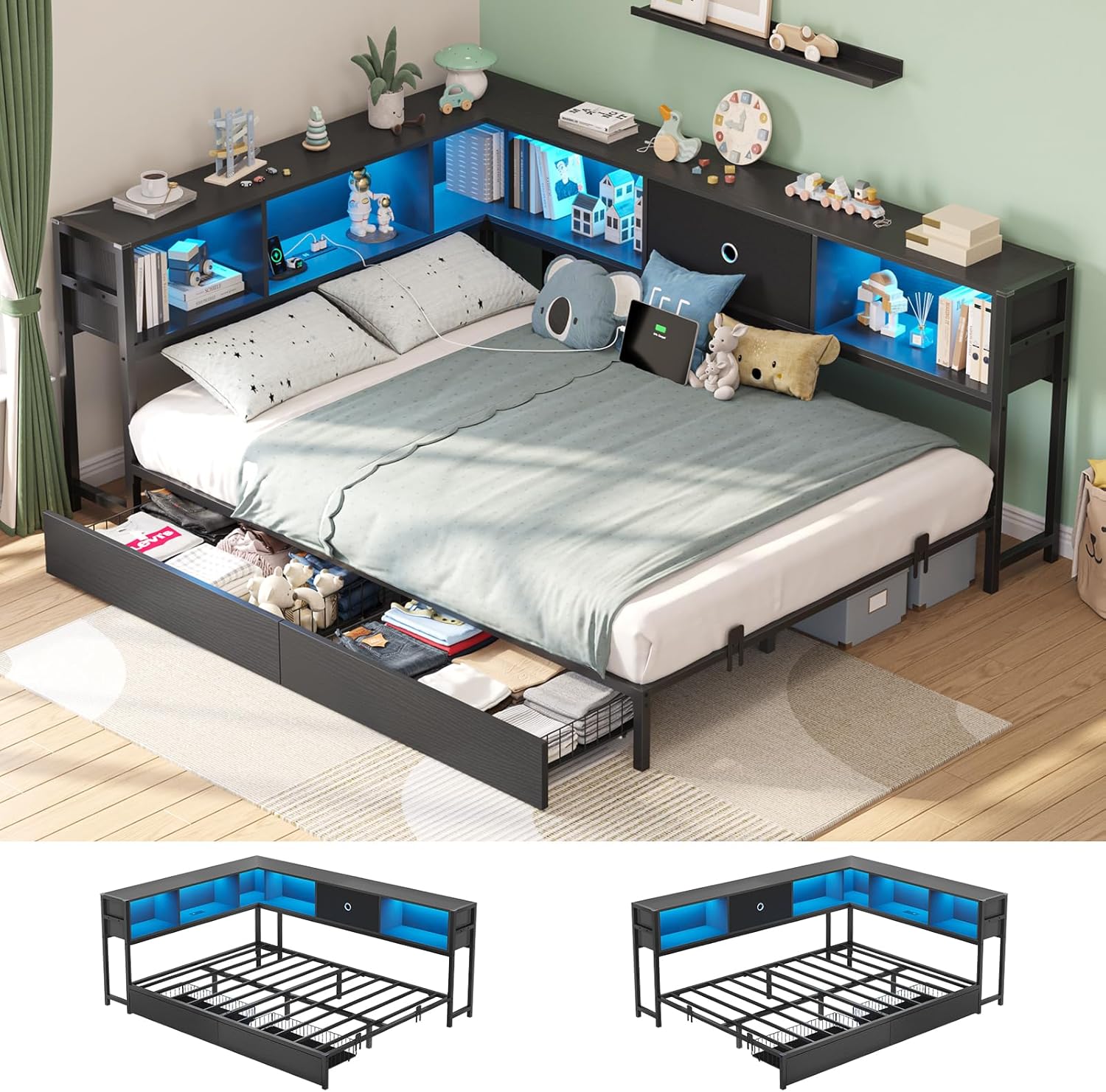 Hasuit Corner Bed Frame with Storage and LED Light Features