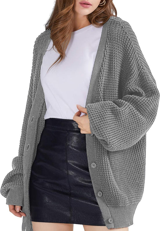 QUALFORT Cardigan Sweaters for Women - 100% Cotton Oversized Knit