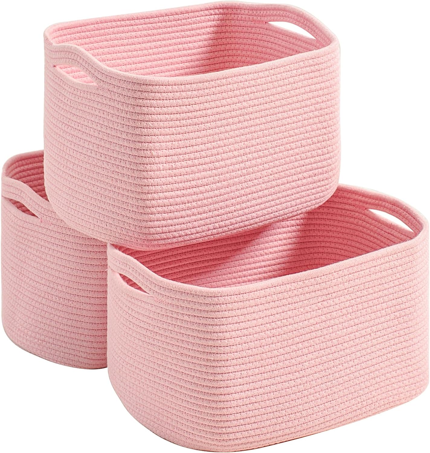 Pink Storage Baskets for Organizing Shelves, Woven Cotton Rope
