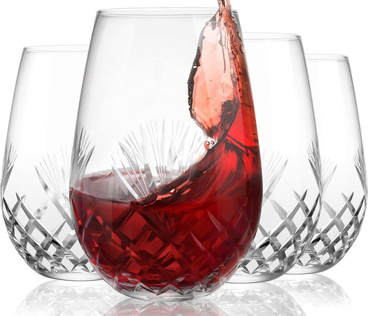 Hand Cut Stemless Wine Glass Set of 4 - 18 oz Crystal Tumblers