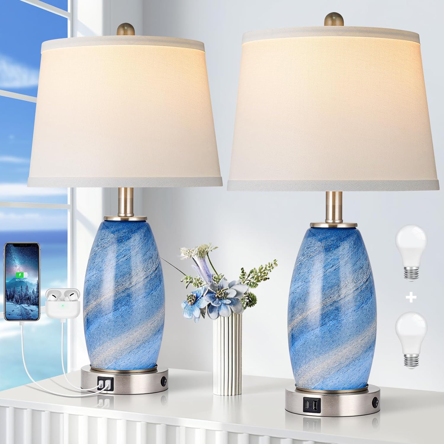 Blue Lamps Set of 2 with 3-Way Lighting Modes for Bedroom