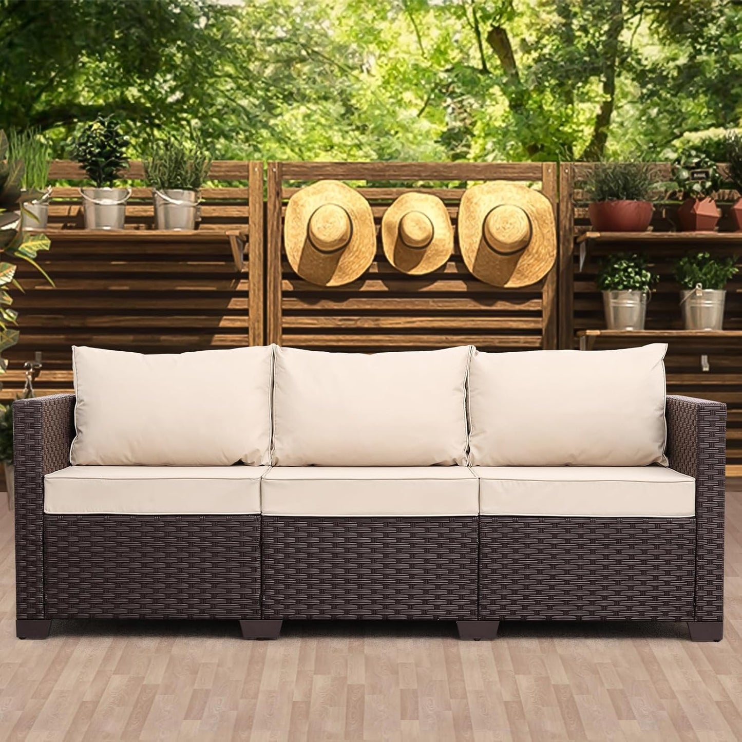 Patio Furniture 3-Seat Sofa Wicker Outdoor Couch with Cushions