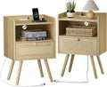 SUPERJARE Nightstands Set of 2 - Rattan Bedside Tables with Charging