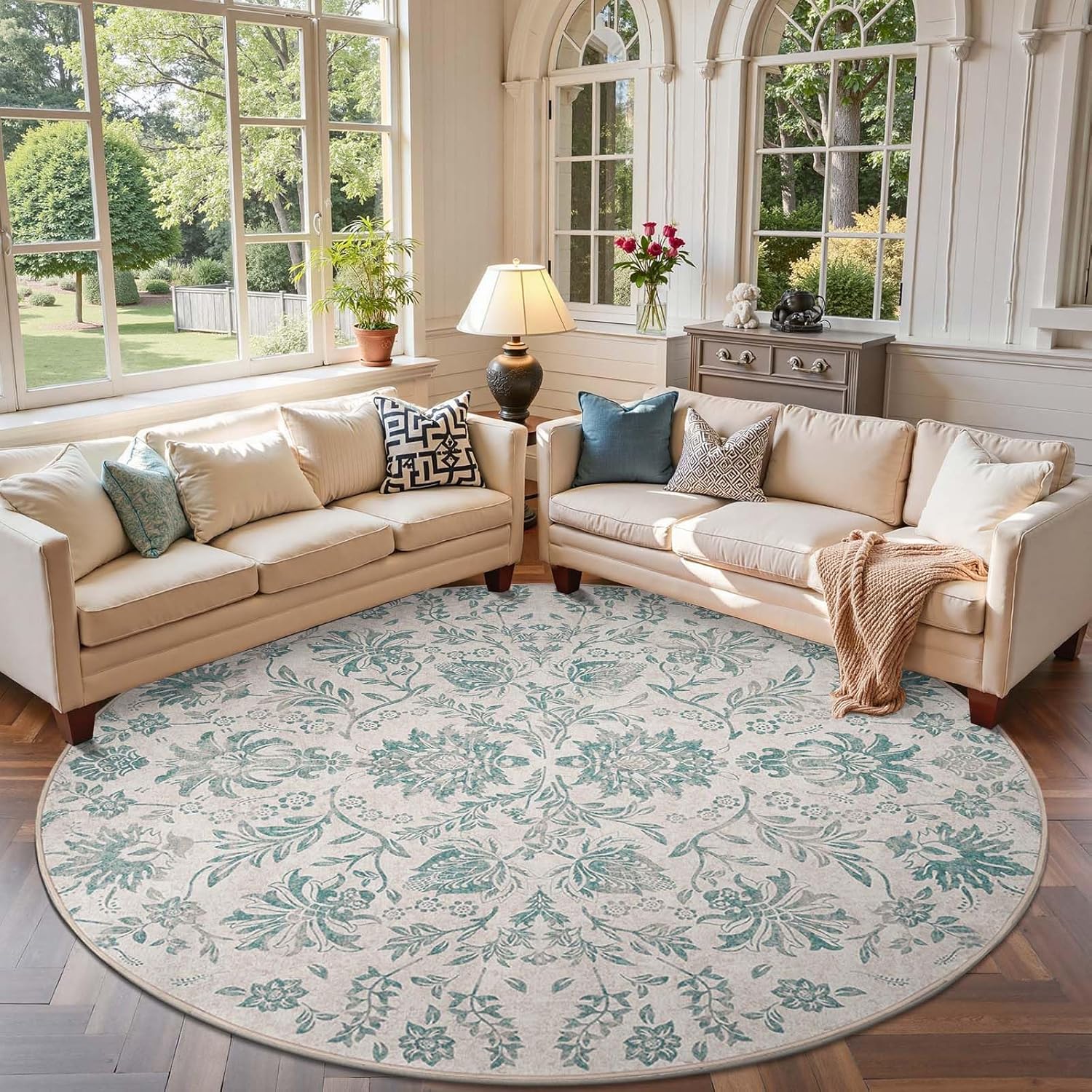 Classic Floral Round Rug 7ft Vintage Design for Home Decor