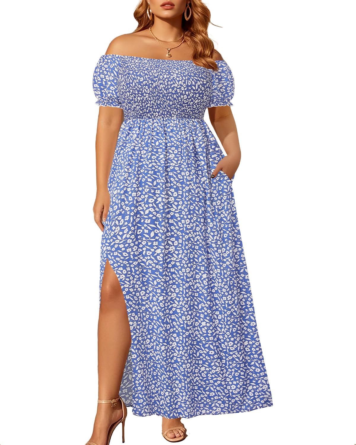 Plus Size Summer Dresses - Boho Casual Off Shoulder Maxi Dress