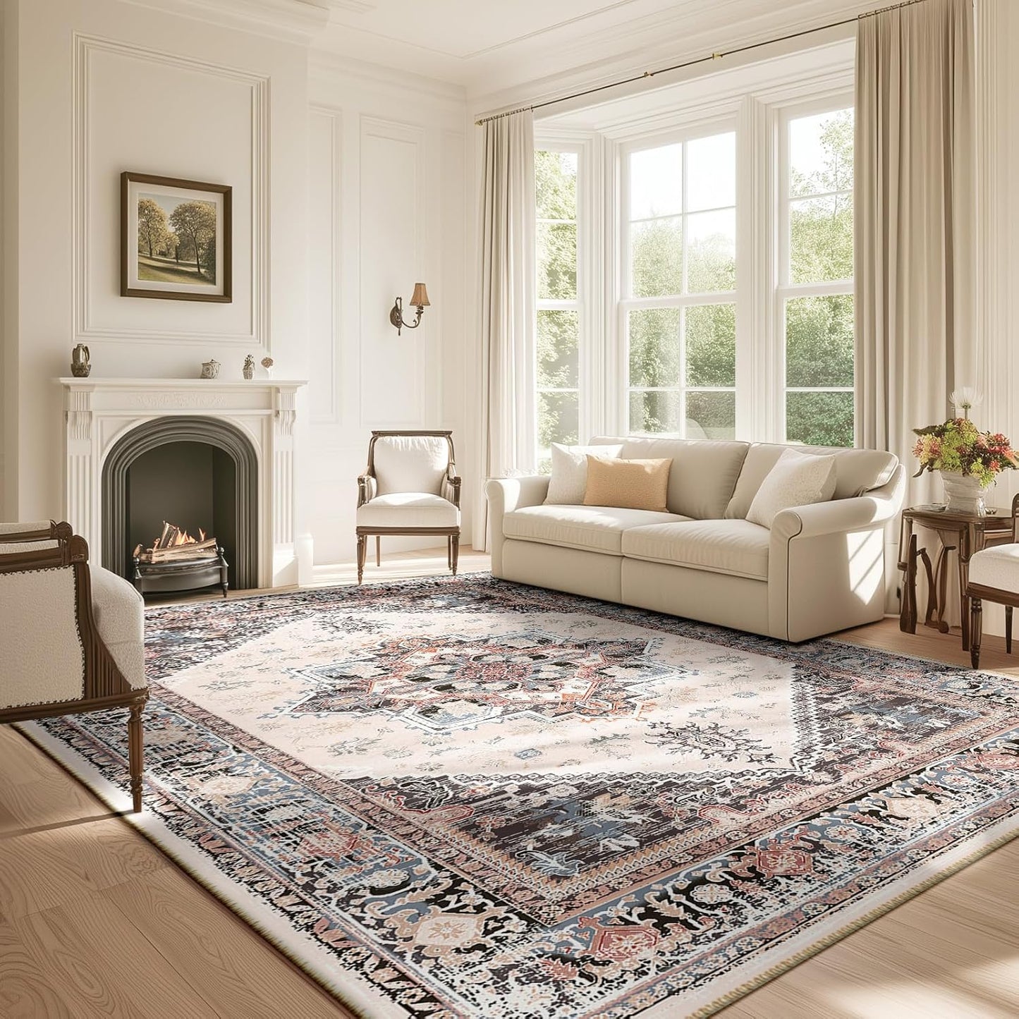 Vintage Print Area Rugs for Living Room - Soft & Washable