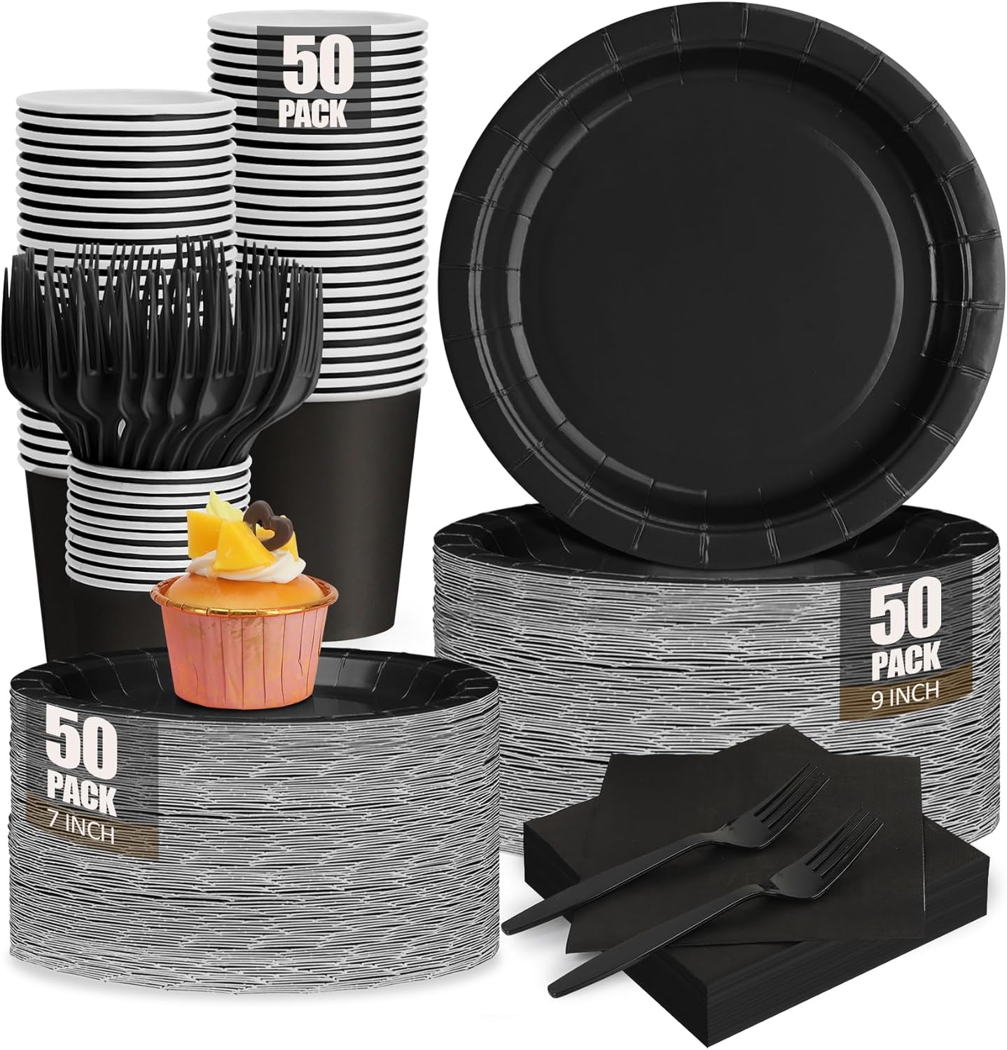 Black Party Plates Napkins Cups Forks Set for 50 Guests