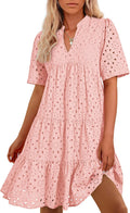 Boho Summer Mini Dress V Neck Hollow Out Lace Ruffle - Flowy Fit BTFBM
