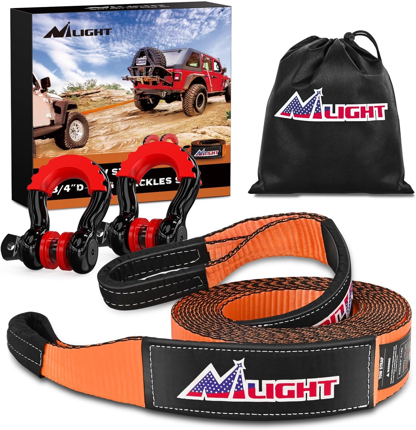 Nilight 3in x 20ft Recovery Tow Strap Kit with D-Ring Shackles