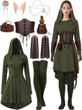 Women Renaissance Hooded Robe Costume Set - 10-Piece Medieval Cosplay