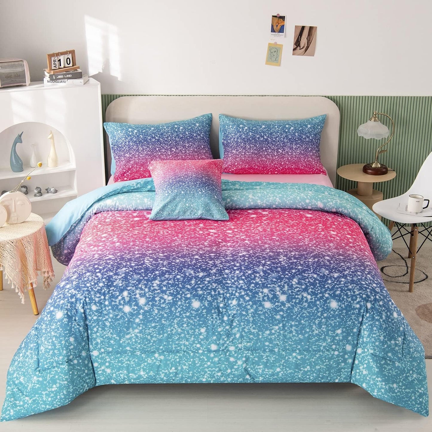 RYNGHIPY 6Pcs Gradient Glitter Bedding Set for Girls Twin Size