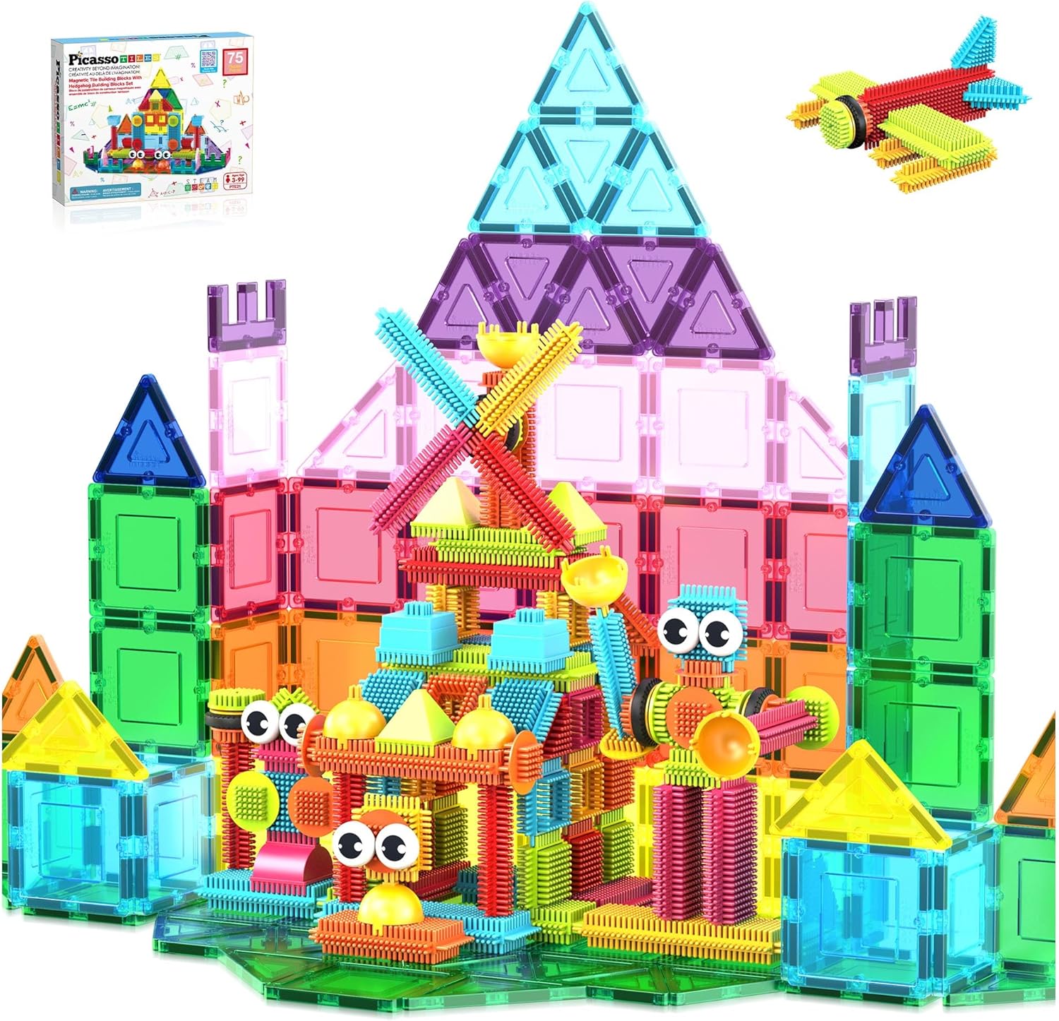 PicassoTiles Magnetic Tiles & Hedgehog 2-in1 Building Blocks Set