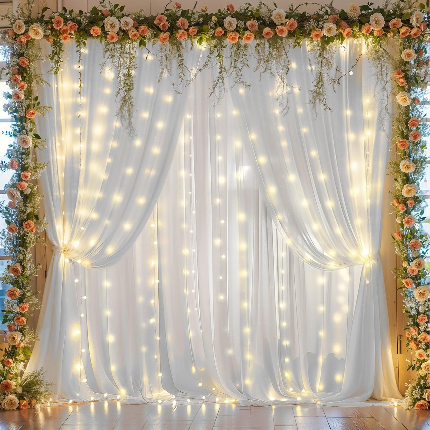 10ft x 10ft White Chiffon Backdrop Curtain with Lights for Events