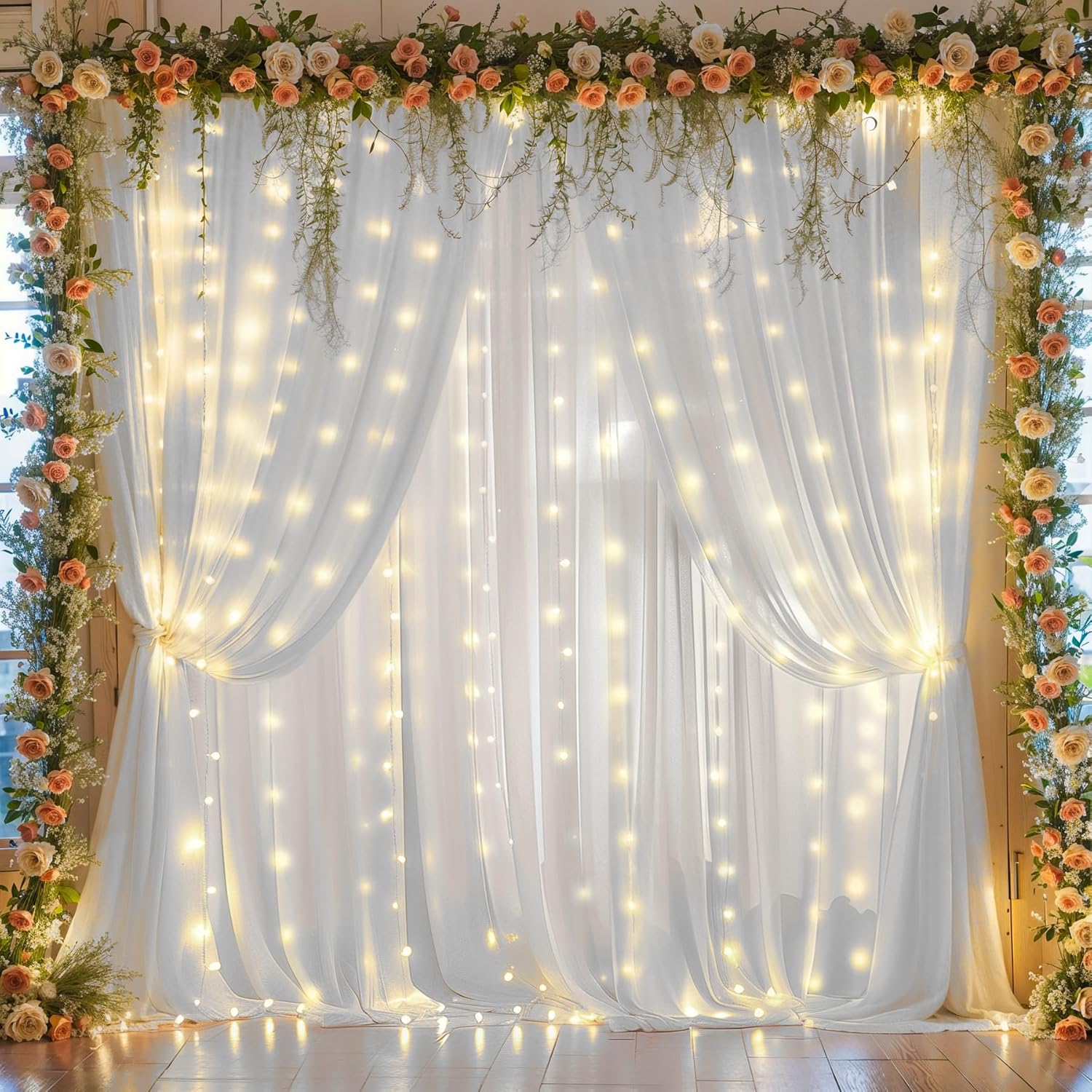 10ft x 10ft White Chiffon Backdrop Curtain with Lights for Events