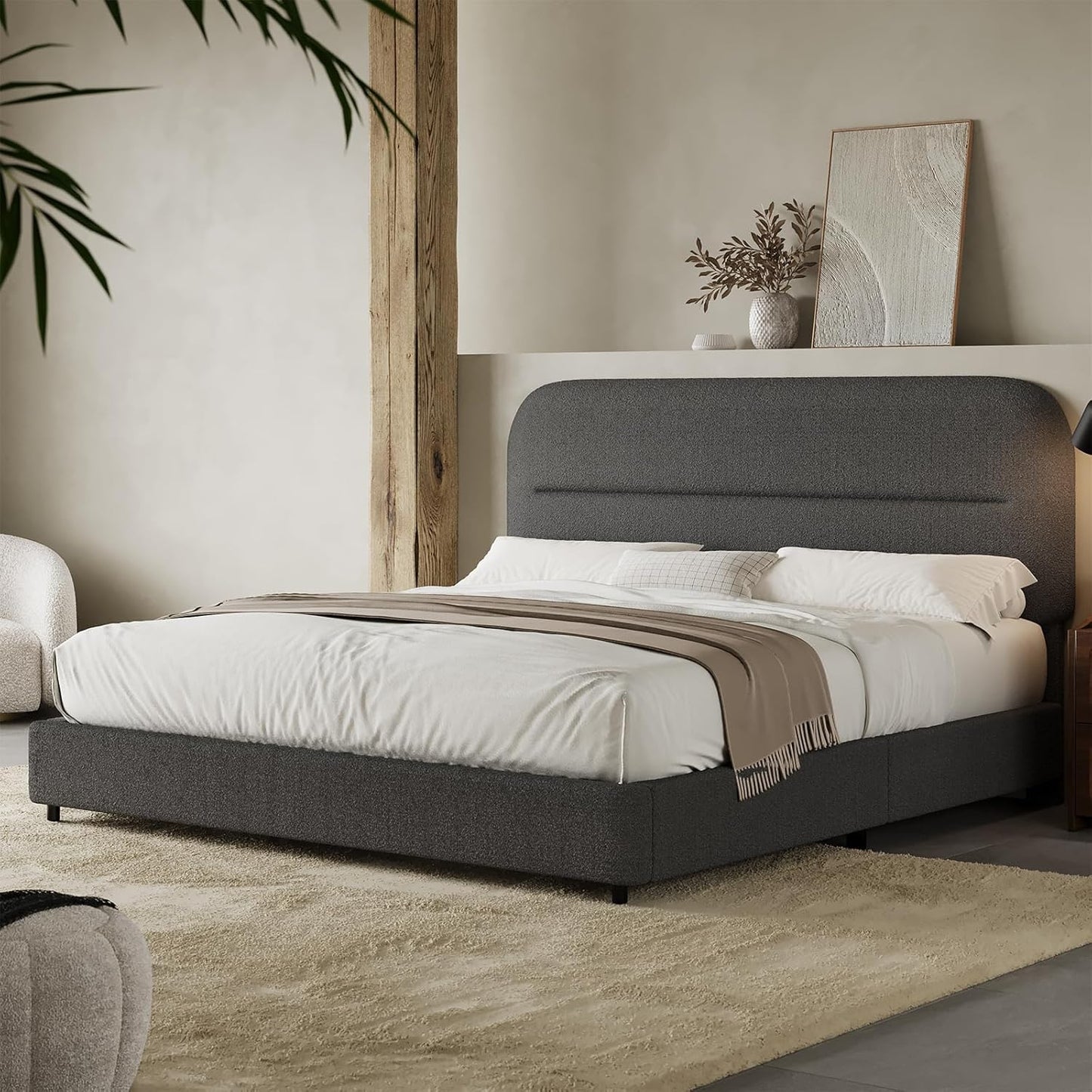 Full Size Boucle Bed Frame with Soft Upholstered Headboard