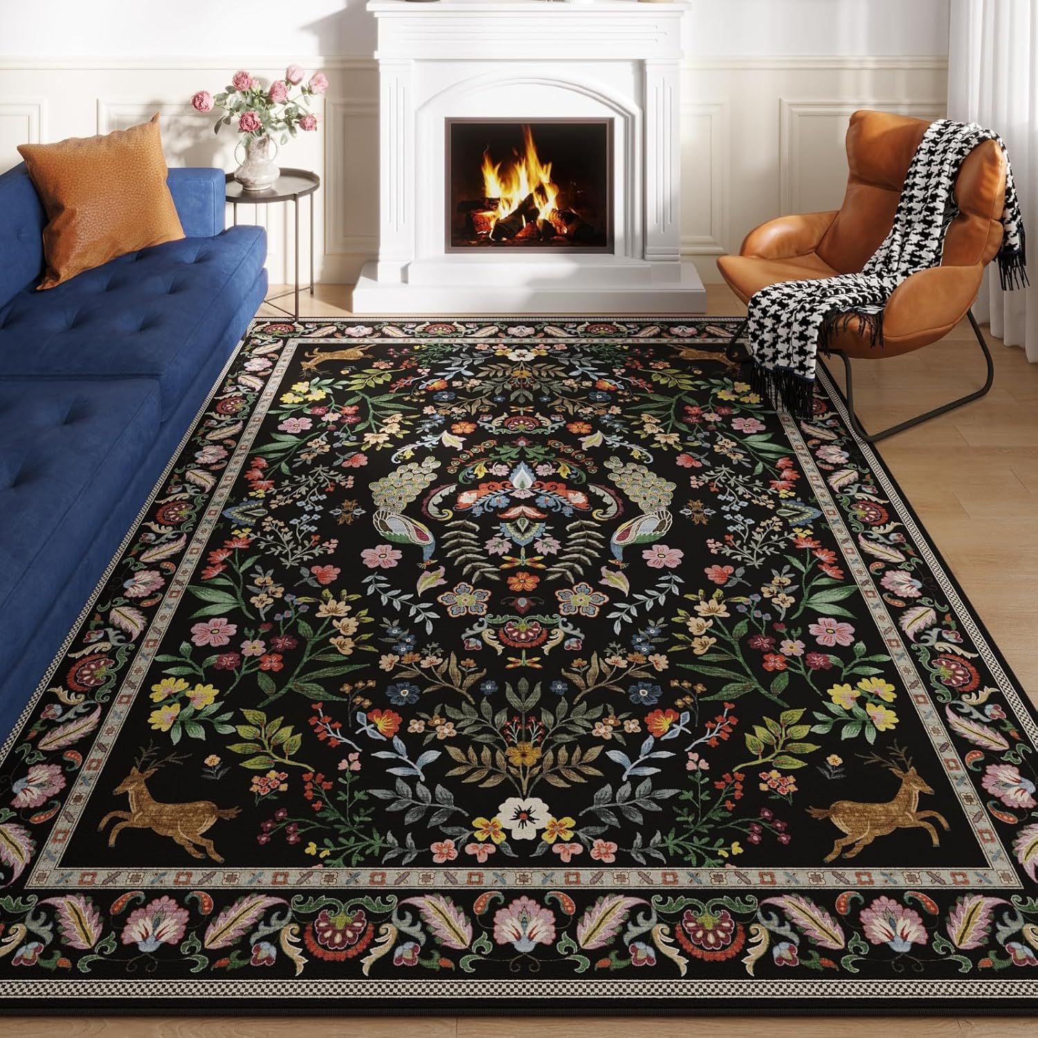 Vibrant Black 5x7 Machine Washable Floral Area Rug for Home