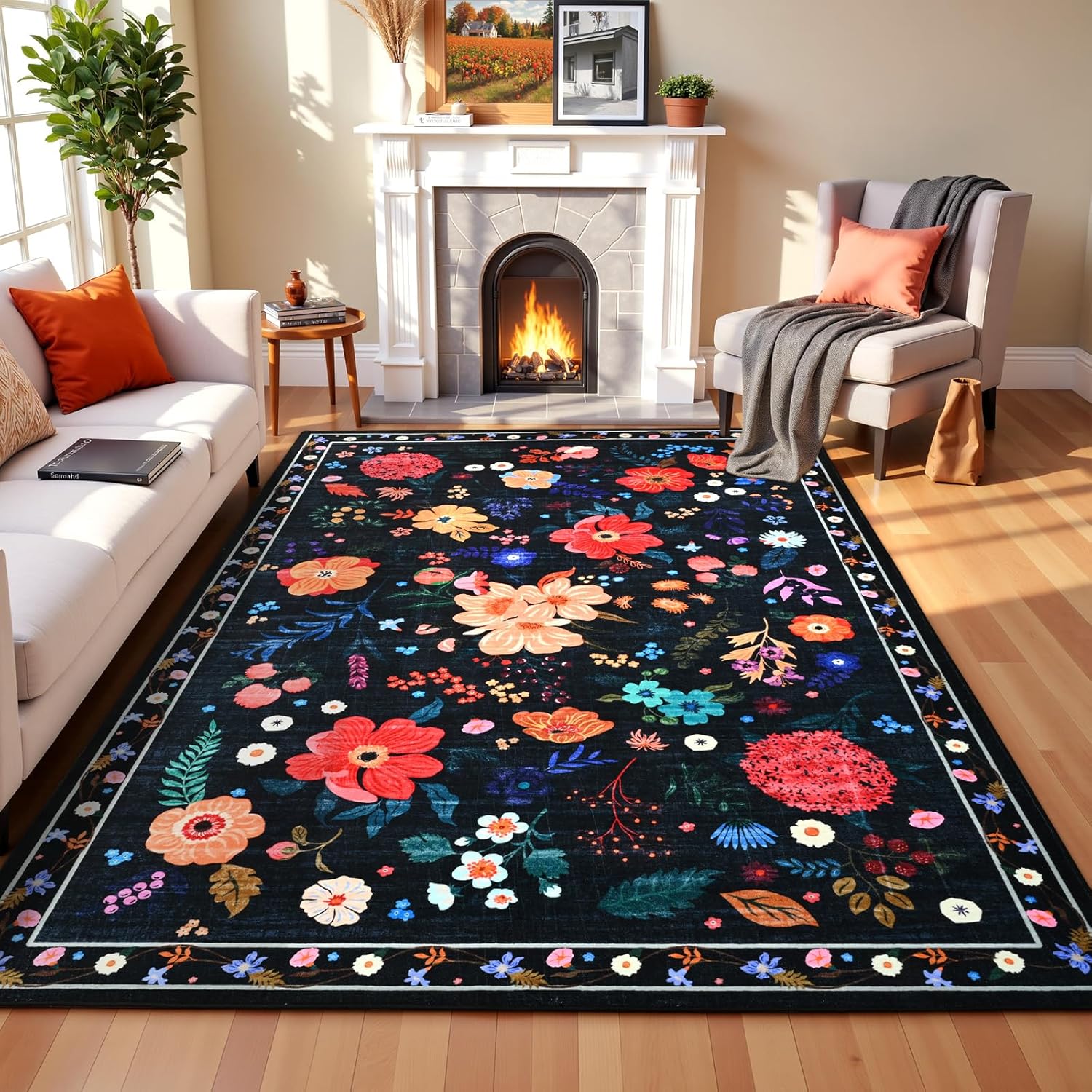Terrug 8x10 Black Floral Area Rug for Living Room and More