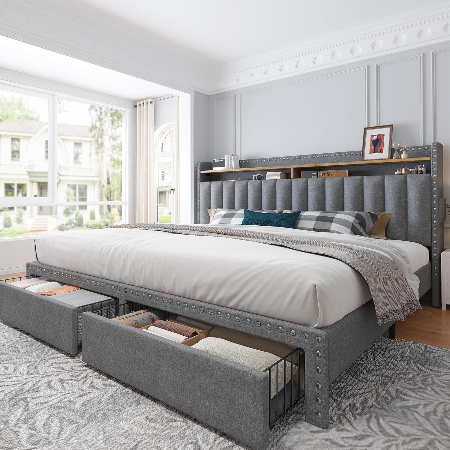 EnHomee King Size Bed Frame with Storage Headboard and Drawers