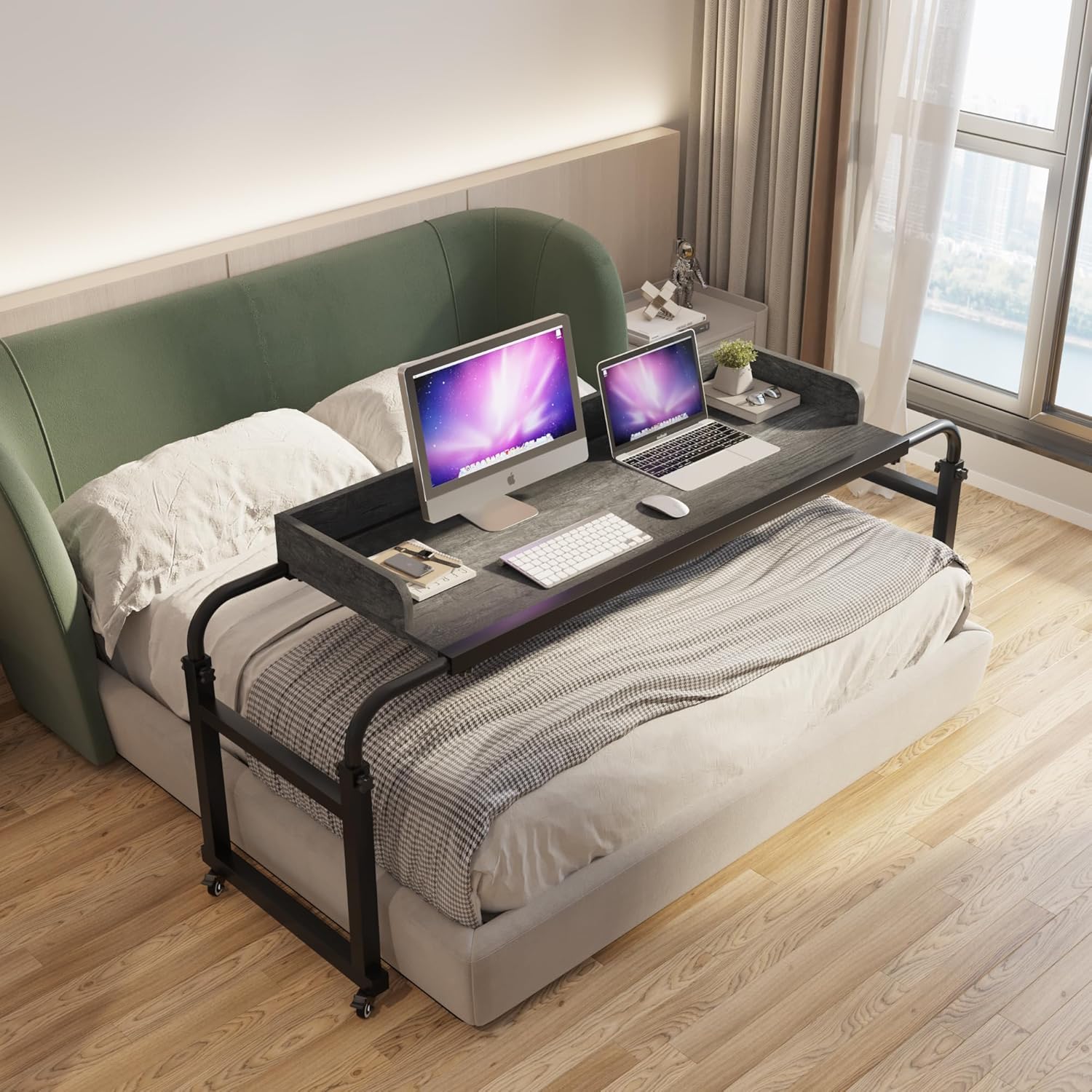Adjustable Overbed Desk with Wheels for King & Queen Beds