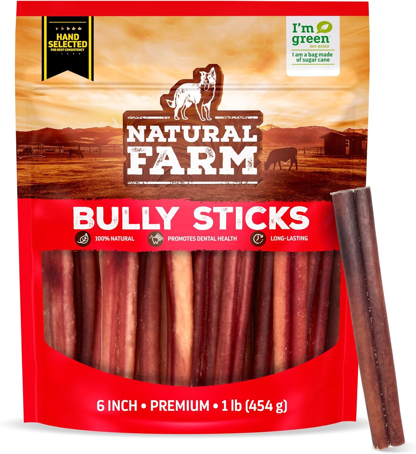 Natural Farm Odor-Free Bully Sticks for Dogs, 6-Inch Chews