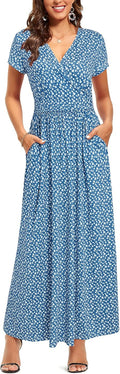 OUGES Womens V-Neck Pattern Pocket Maxi Long Dress - Comfortable Fit