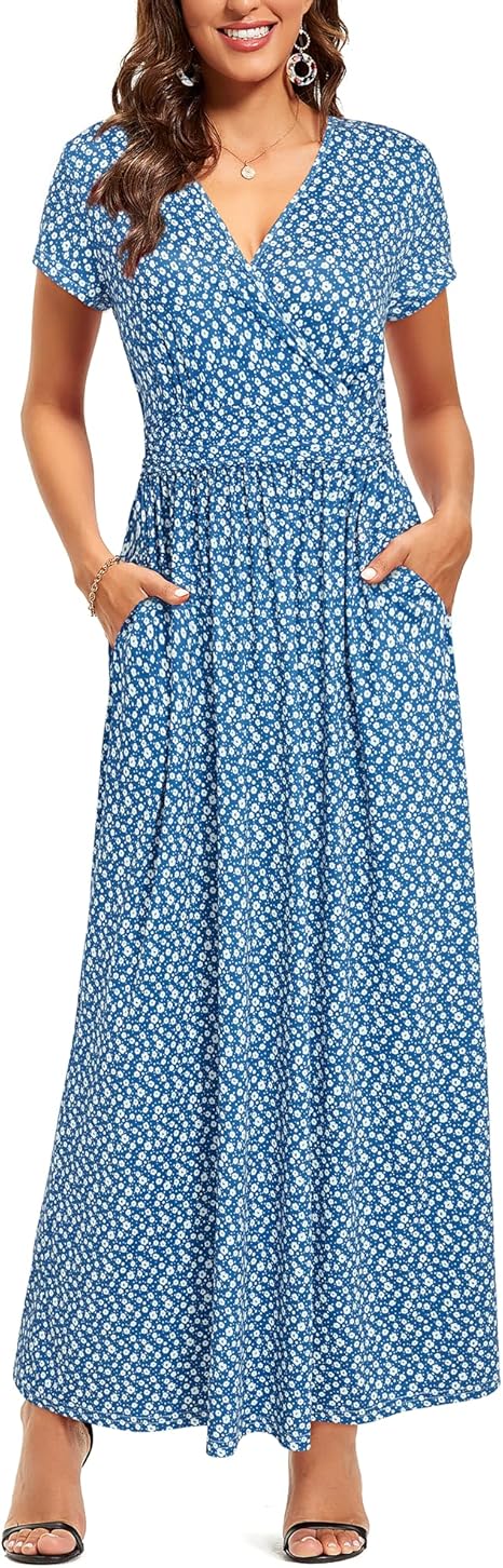 OUGES Womens' V-Neck Pattern Pocket Maxi Long Dress Review