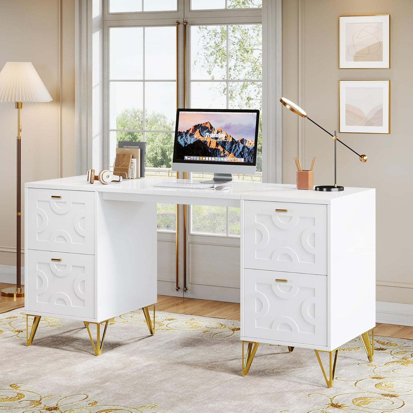 Modern White Executive Desk with File Drawers