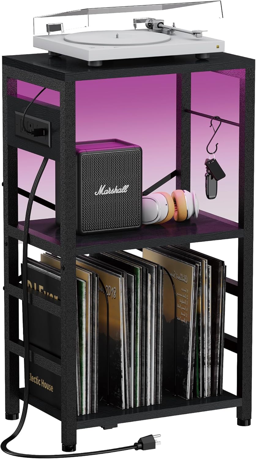 End Table with LED Light and Charging Station for Vinyl Records