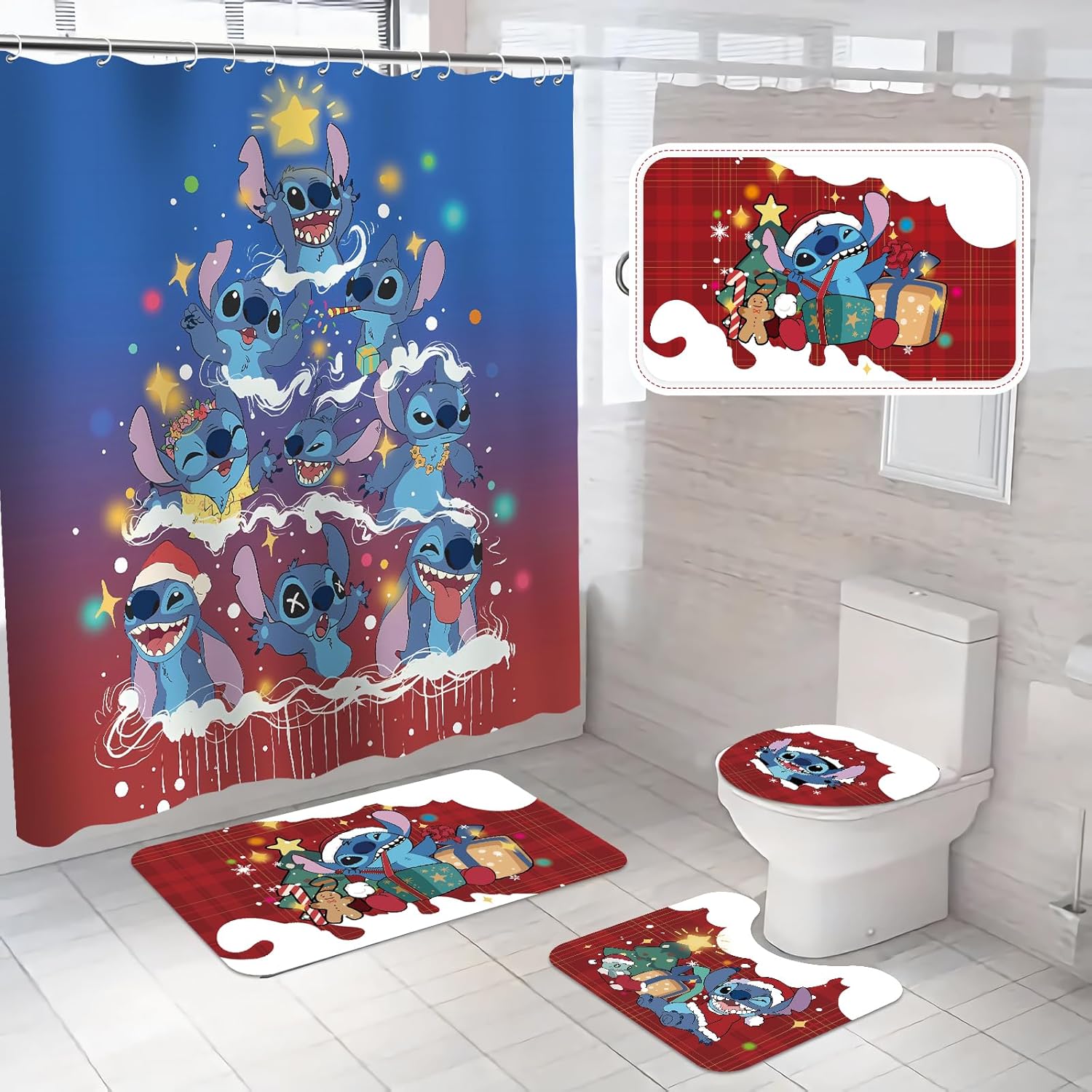 Christmas Bathroom Set - Festive 4Pcs with Non-Slip Rugs & Decor