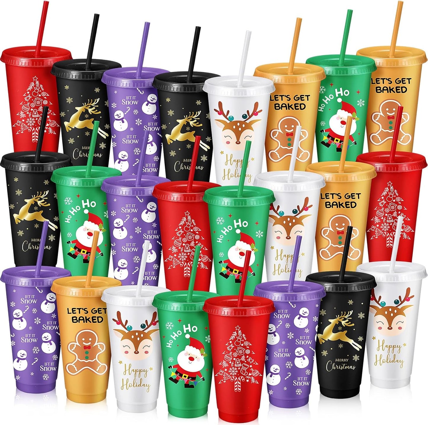 Umigy 24 Pcs Christmas Cups with Lids and Straws for Parties